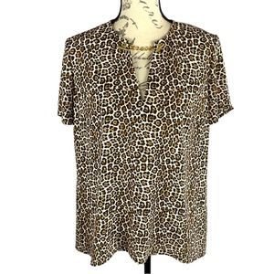 Michael Kors Women’s Short Sleeve Leopard Print Blouse Gold Chain Neckline
